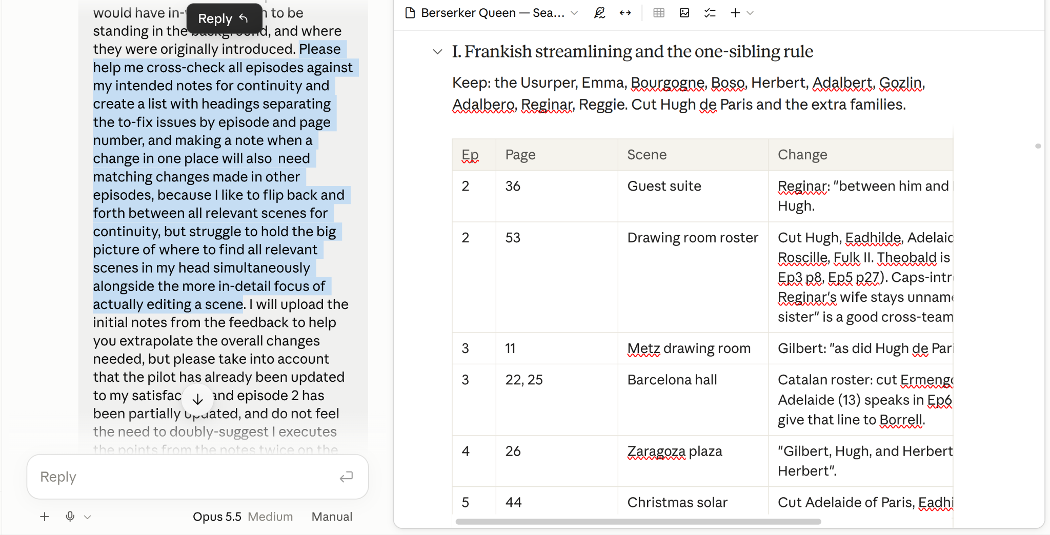 AI-assisted continuity checklist organized by episode and page